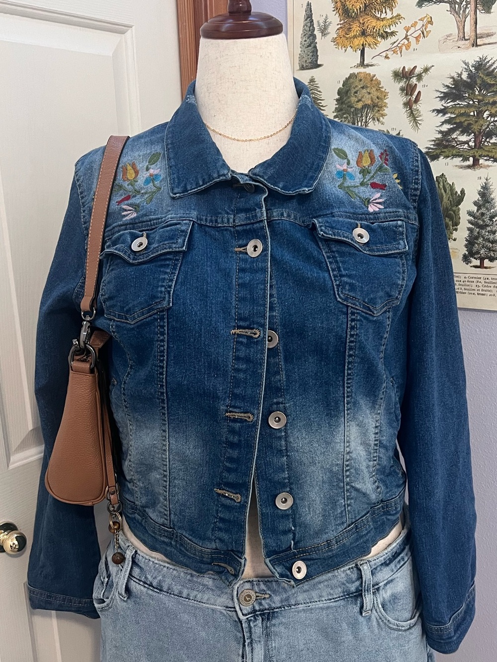 New Look Blue Embroidered Denim Jacket with Multicolor Floral Accents